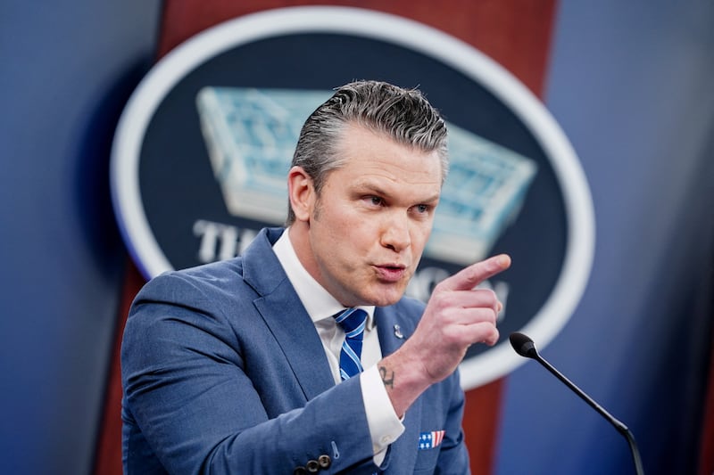 Secretary of Defense Pete Hegseth speaks during a briefing on the Iran war at the Pentagon in Washington, D.C. on April 16, 2026.