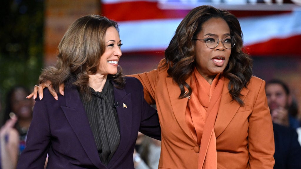 Vice President Kamala Harris joins US television producer Oprah Winfrey at a 'Unite for America' live streaming rally in Farmington Hills, Michigan, on September 19, 2024.