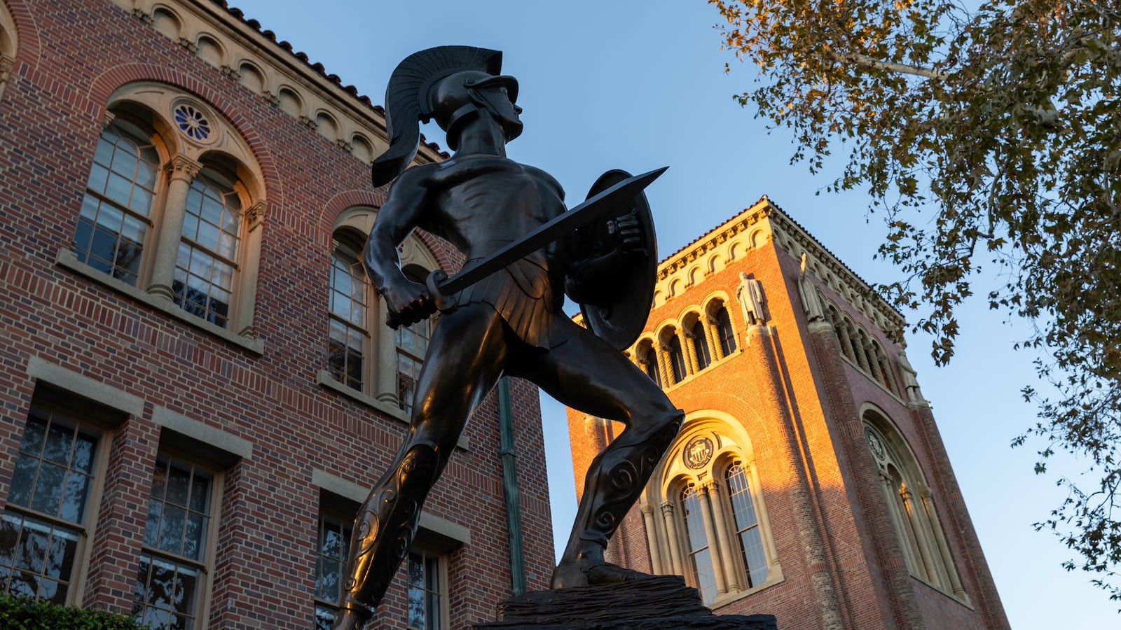 A view of Tommy Trojan, officially known as the Trojan Shrine, at the University of Southern California campus in Los Angeles Thursday, Dec. 7, 2023.