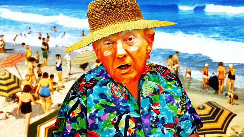 A photo illustration of Donald Trump in a Hawaiian shirt on the beach.