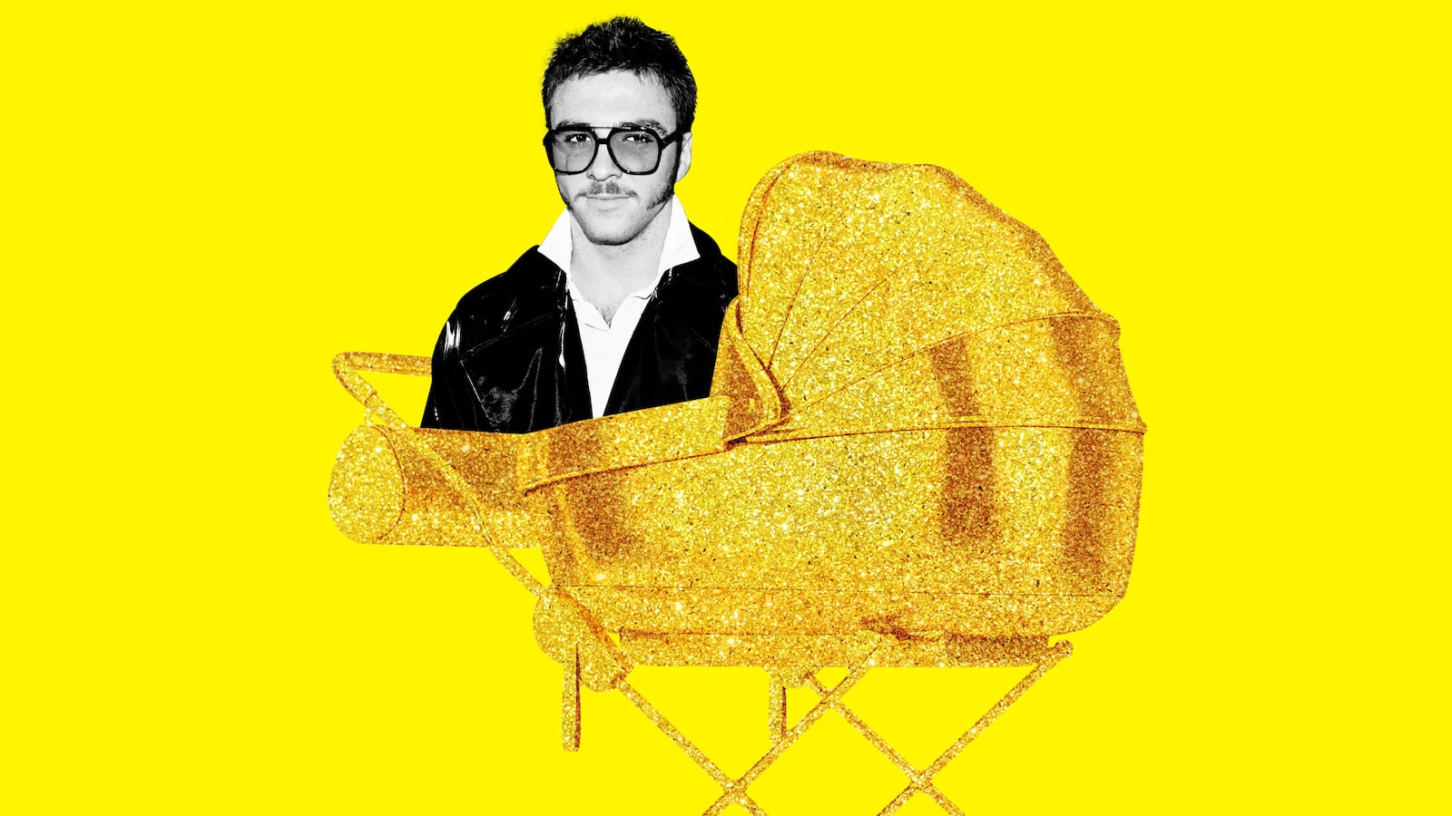 An illustration including a photo of Rocco Ritchie and a golden stroller