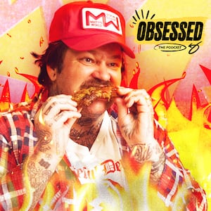 A photo illustration of Matty Matheson eating a chicken wing.