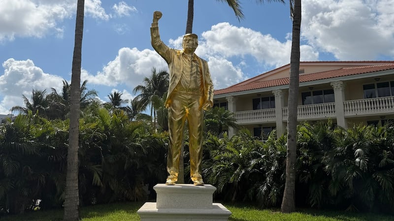Donald Trump’s new statue at his golf club in Miami stands 22 feet tall, including its pedestal.