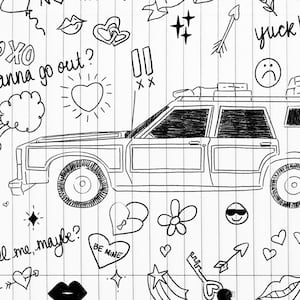 Illo illustration of a woody car on a lined notebook with doodles on it