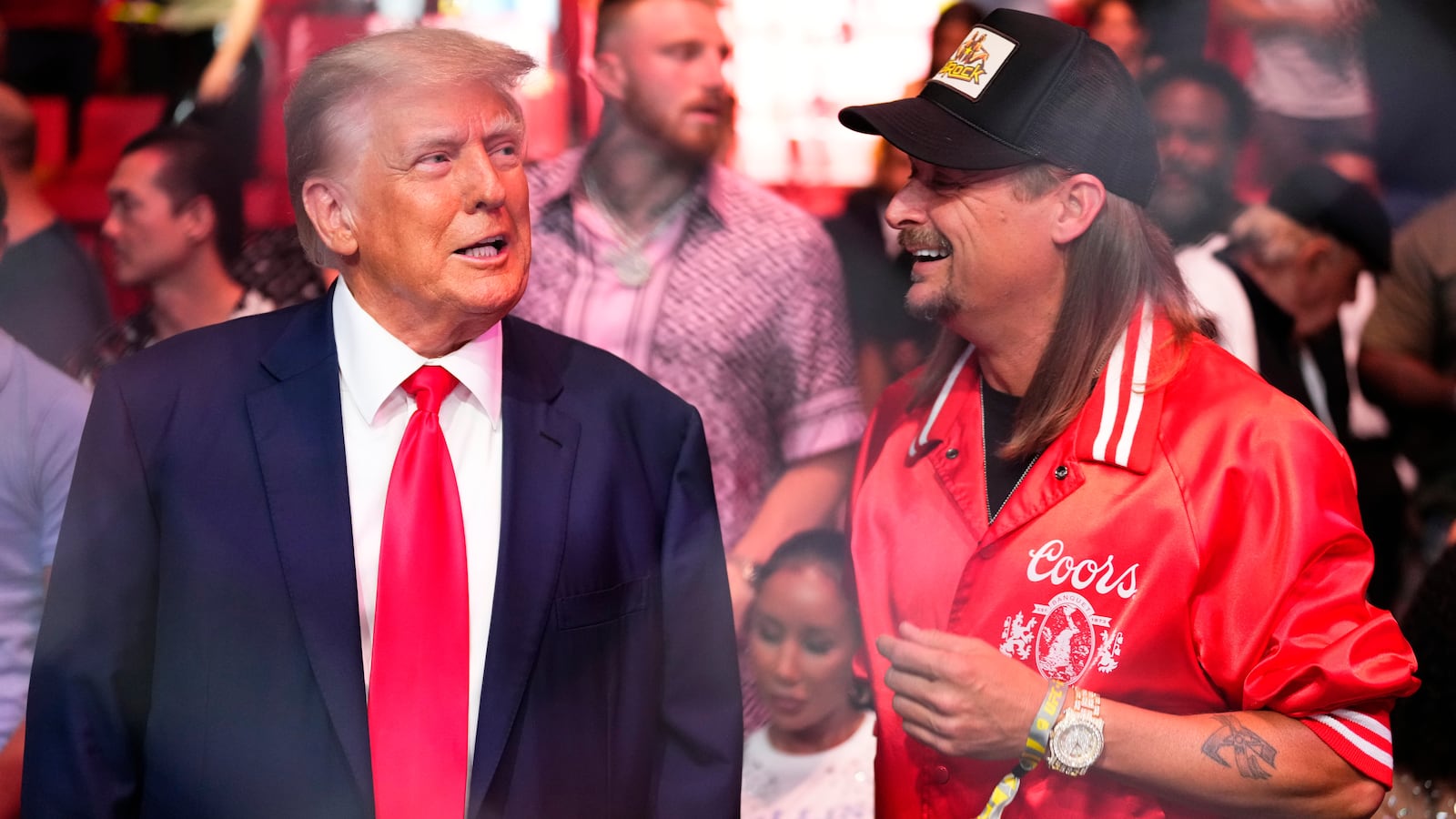 MIAMI, FLORIDA - APRIL 08: (L-R) Former U.S. President Donald Trump and musician Kid Rock are seen in attendance during the UFC 287 event at Kaseya Center on April 08, 2023 in Miami, Florida. (Photo by Jeff Bottari/Zuffa LLC via Getty Images)