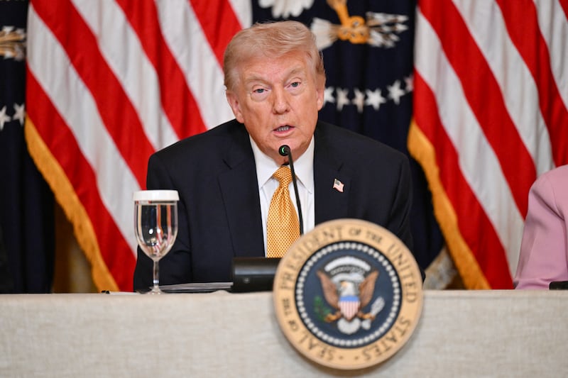 President Donald Trump speaks during a lunch with the Kennedy Center Board Members in the East Room of the White House on March 16, 2026 in Washington, DC.