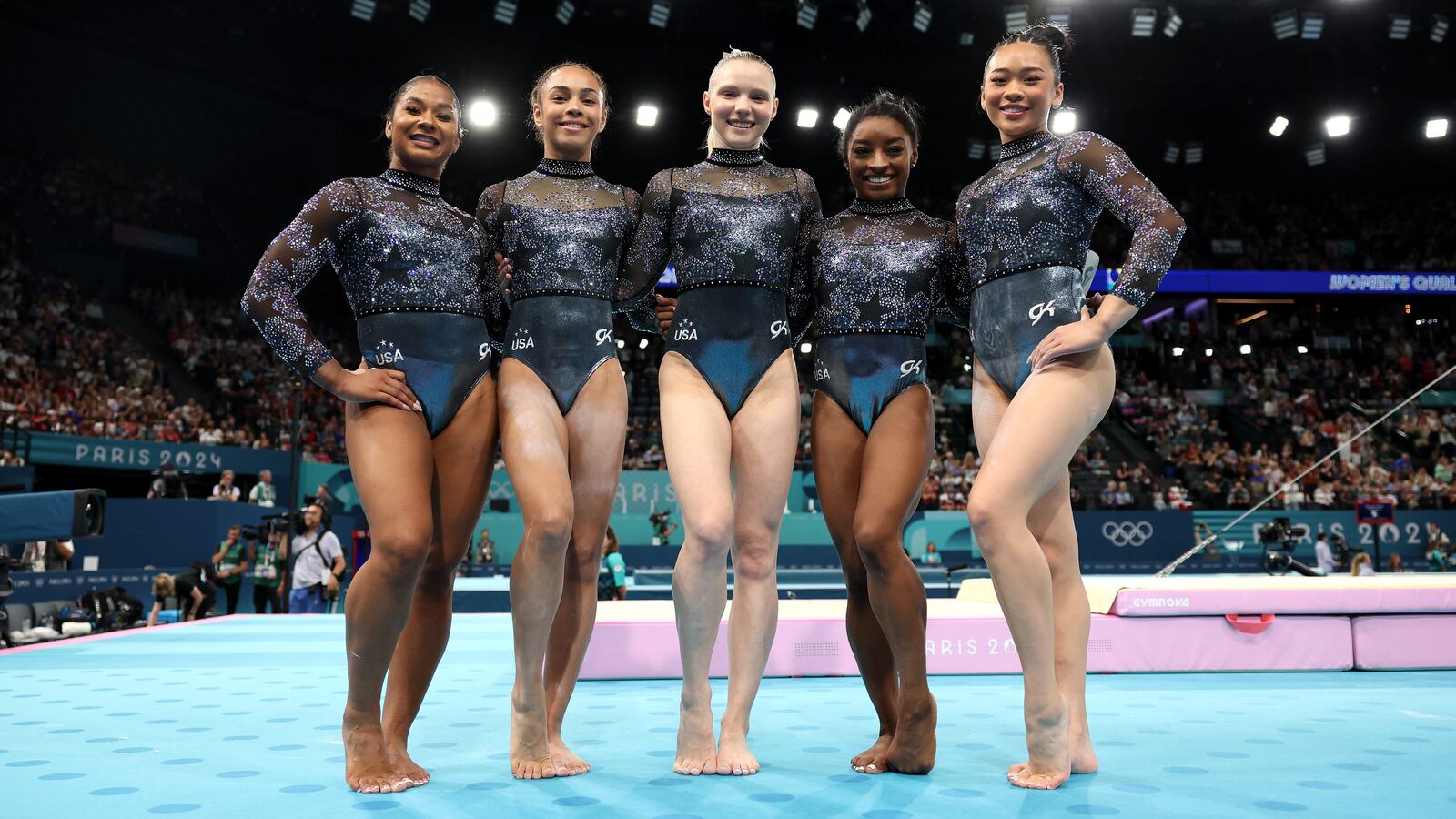 Jordan Chiles, Hezly Rivera, Jade Carey, Simone Biles, and Sunisa Lee at the Paris Olympics.