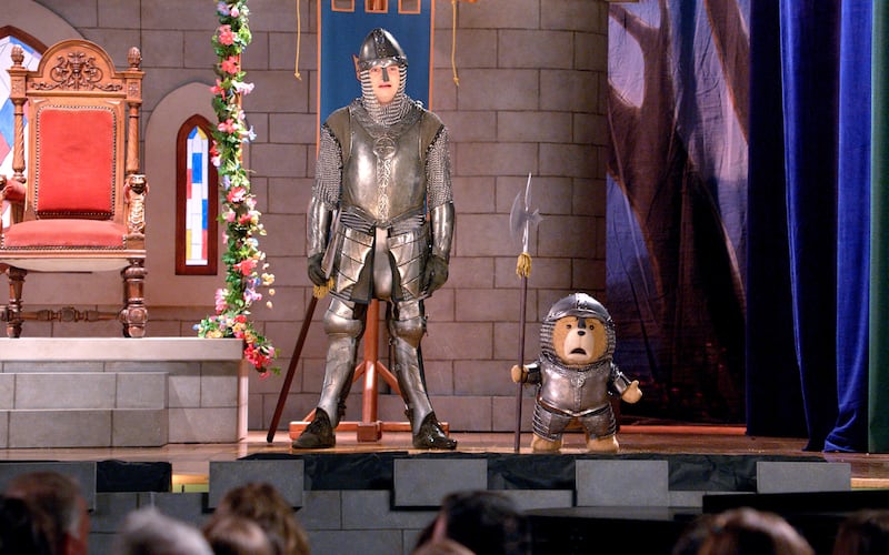 (l-r) Max Burkholder as John and Seth MacFarlane as voice of Ted.