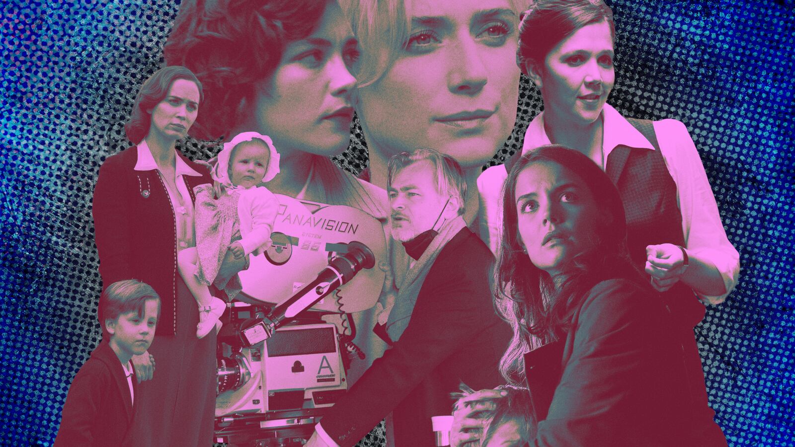 A photo illustration of Christopher Nolan, Florence Pugh, Katie Holmes, Maggie Gyllenhaal, Emily Blunt, and Elizabeth Debicki.