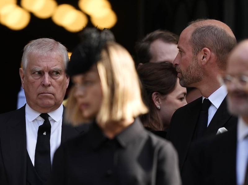 Prince Andrew, Duke of York and Prince William, Prince of Wales at the funeral for the Duchess of Kent