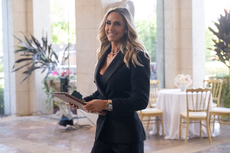 Lara Trump, wife of Eric Trump, arrives to attend the wedding of Dan Scavino, White House Deputy Chief of Staff, and Erin Elmore, the Department of State Director of Art in Embassies, at Mar-a-Lago in Palm Beach, Florida, February 1, 2026.