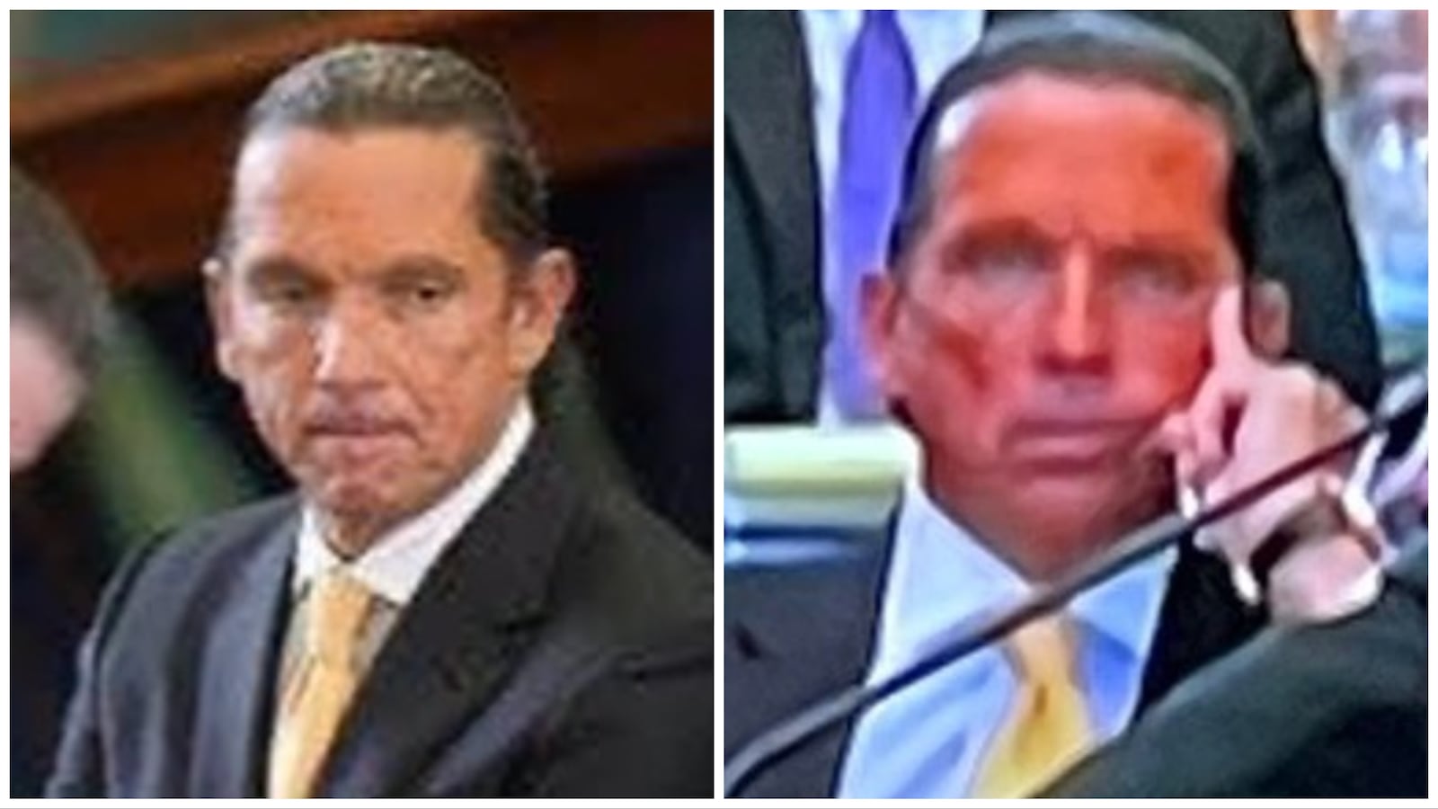 Side-by-side photos of Houston Attorney Tony Buzbee, with one showing his skin as fare and the other as bright red.