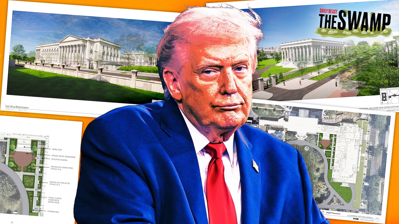 A photo illustration of Donald Trump in front of renderings reveal the scale of the proposed 89,000-square-foot White House ballroom.