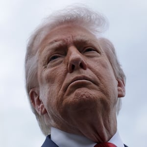 President Donald Trump speaks to members of the media prior to a Marine One departure from the South Lawn of the White House on May 8, 2026 in Washington, DC.