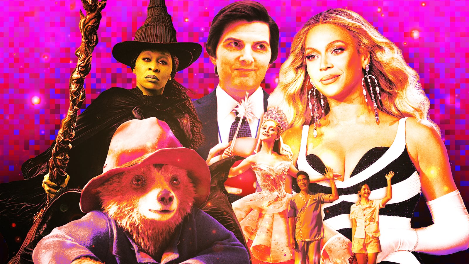 A photo illustration of Paddington, Wicked 2, Severance, White Lotus, and Beyonce.