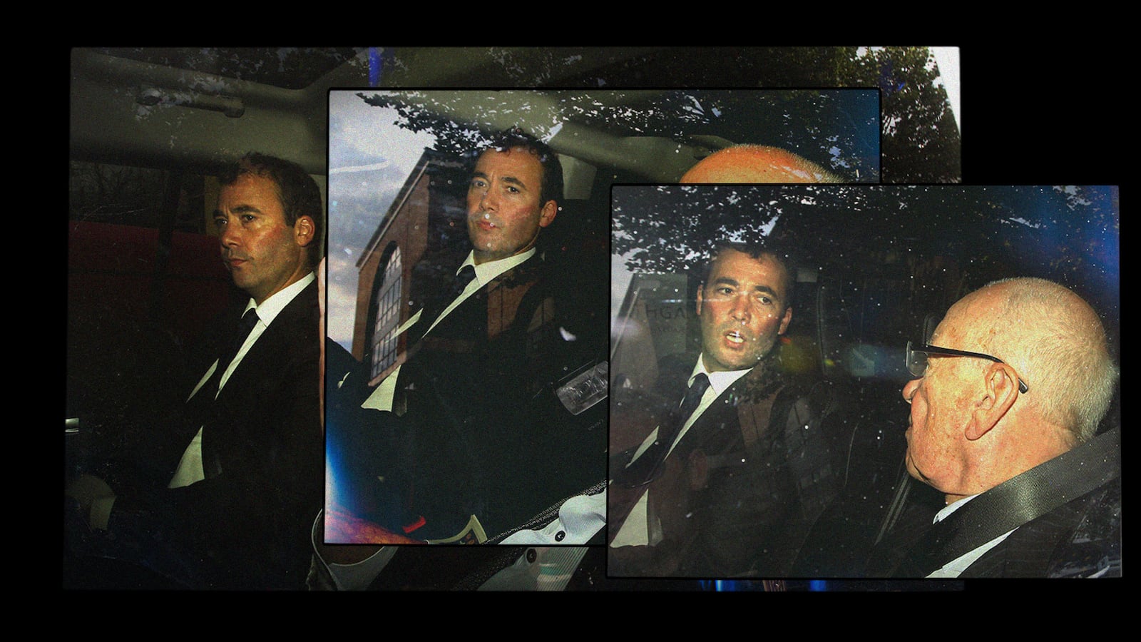 A photo illustration showing Will Lewis and Robert Murdoch leaving News International headquarters on July 15, 2011 in London, England.