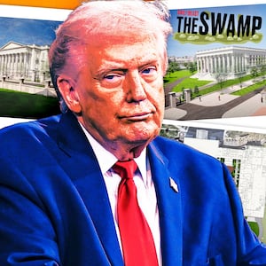 A photo illustration of Donald Trump in front of renderings reveal the scale of the proposed 89,000-square-foot White House ballroom.