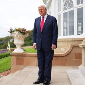 TURNBERRY, SCOTLAND - JULY 28:  U.S. President Donald Trump prepares to greet British Prime Minister Keir Starmer and his wife Victoria Starmer at Trump Turnberry golf club on July 28, 2025 in Turnberry, Scotland. The pair are meeting at Turnberry before traveling together to Aberdeenshire to have a private dinner at another Trump-owned golf club. President Trump is visiting Scotland in a trip that’s part-vacation, part-work, as he stays at his Trump Turnberry golf course, followed by the Trump International Golf Links in Aberdeenshire, between July 25 to 29.  (Photo by Andrew Harnik/Getty Images)