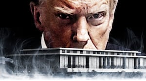 Donald Trump looking sinister above the Kennedy Center with smoke rising from the water