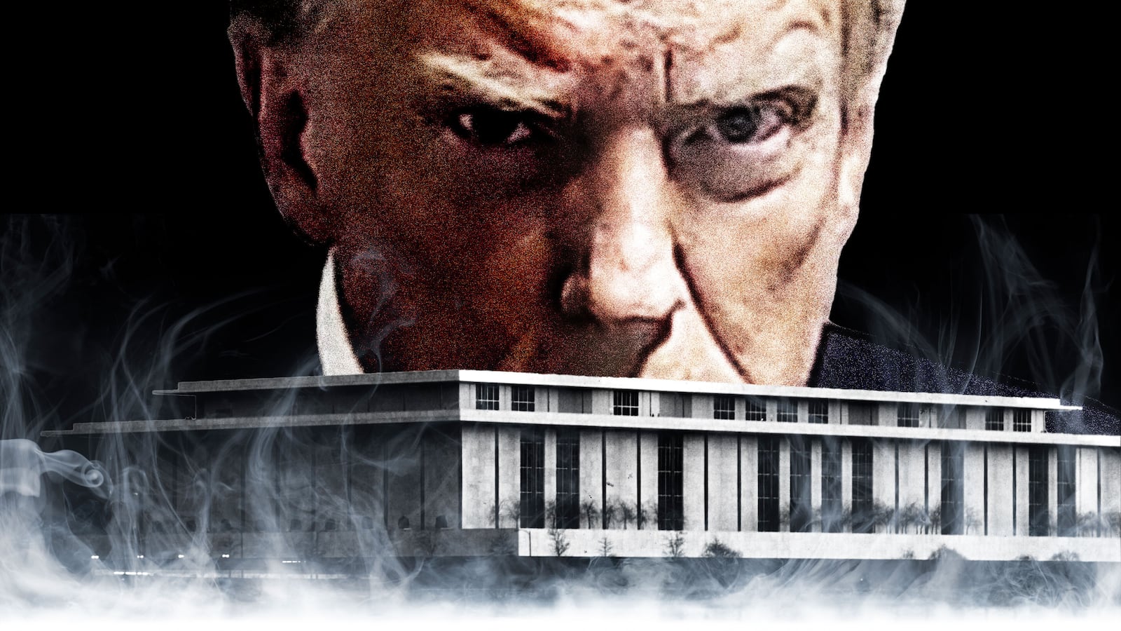 Donald Trump looking sinister above the Kennedy Center with smoke rising from the water