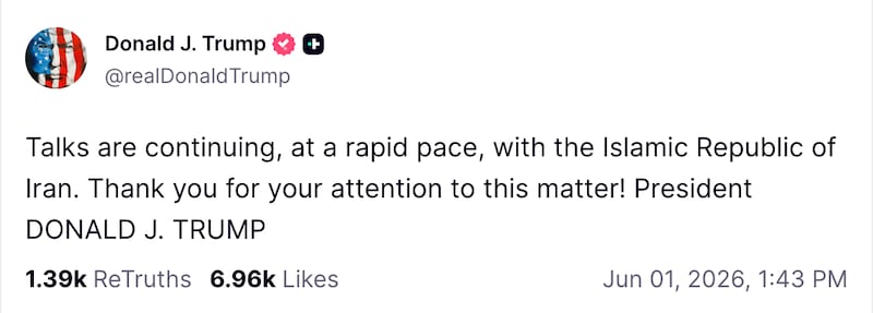 Trump's Truth Social post on Iran talks.