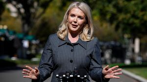 White House Press Secretary Karoline Leavitt speaks to reporters outside of the White House on October 16, 2025 in Washington, DC.