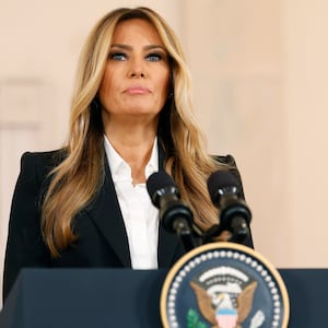 First lady Melania Trump delivers remarks in the Grand Foyer at the White House on October 10, 2025 in Washington, DC.