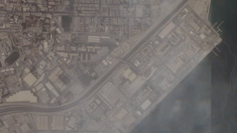 A satellite view shows damage at the U.S. Fifth Fleet naval base, after Iranian strikes, in Manama, Bahrain, March 1, 2026.