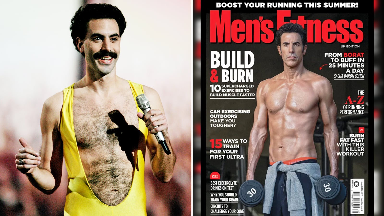 A photo composite of Sacha Baron Cohen as Borat, and the 2025 cover of Men's Fitness UK showing Sacha Baron Cohen's fitness transformation.