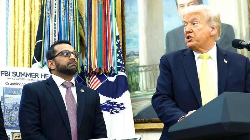 U.S. President Donald Trump speaks alongside Federal Bureau of Investigation Director Kash Patel