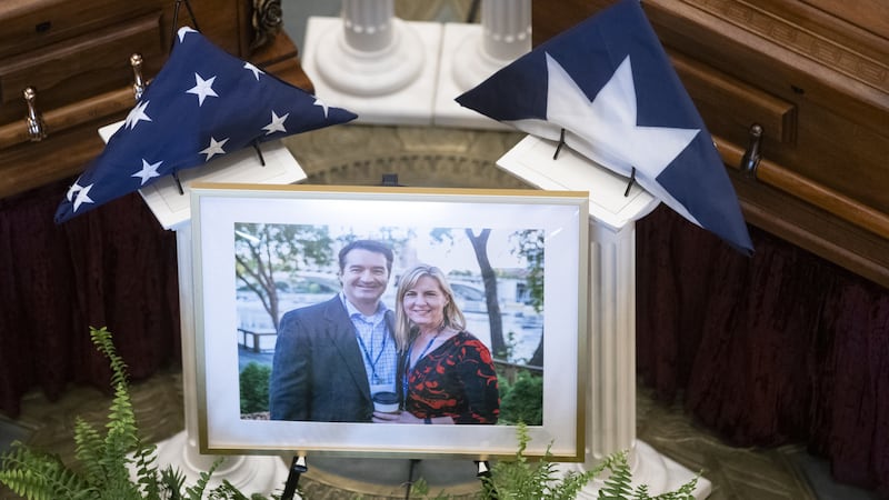 SAINT PAUL, UNITED STATES - JUNE 27: The Minnesota State Capitol opens for the public to pay their respects to Rep. Melissa Hortman, her husband Mark Hortman, and their dog Gilbert who were assassinated by Vance Boelter in Saint Paul, Minnesota, United States on June 27, 2025. They had their caskets and their dogs ashes put in the Capitol rotunda. (Photo by Chris Juhn/Anadolu via Getty Images)