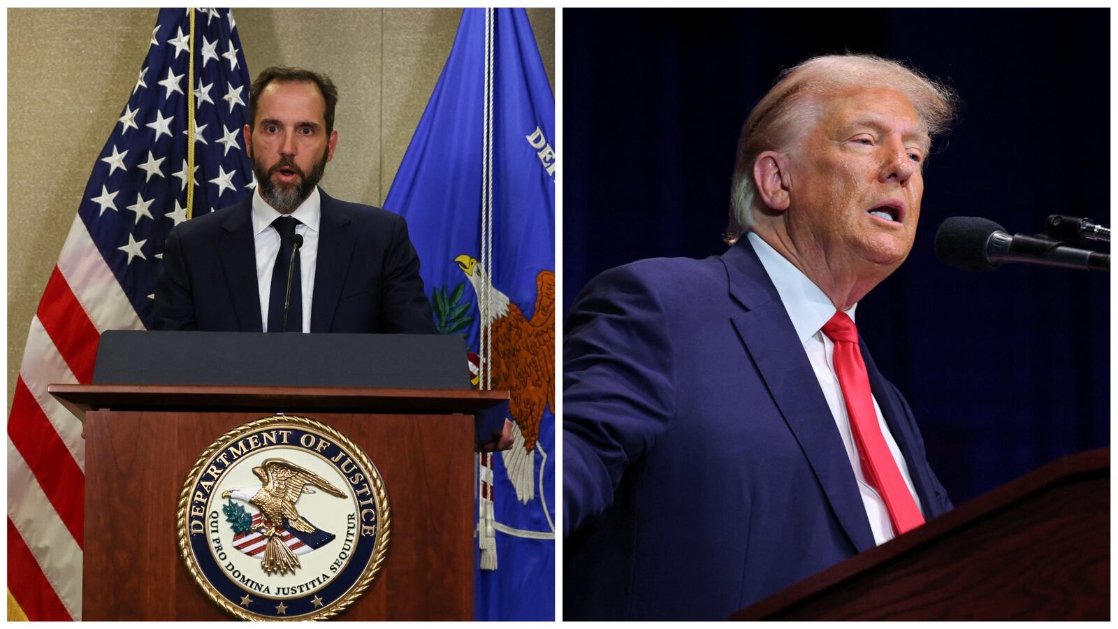 Jack Smith makes a statement to reporters after a grand jury returned an indictment of former U.S. President Donald Trump. Donald Trump attends a campaign rally in Wolfeboro, New Hampshire.