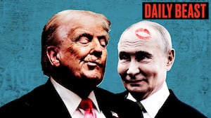 Donald Trump and Vladimir Putin with a lipstick mark on his head.