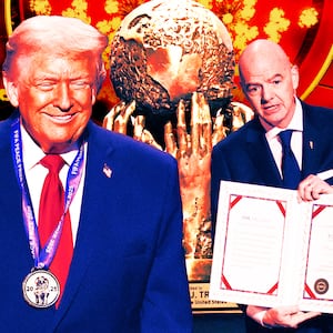 A photo illustration of Donald Trump and  Gianni Infantino, President of FIFA and the FIFA trophy.