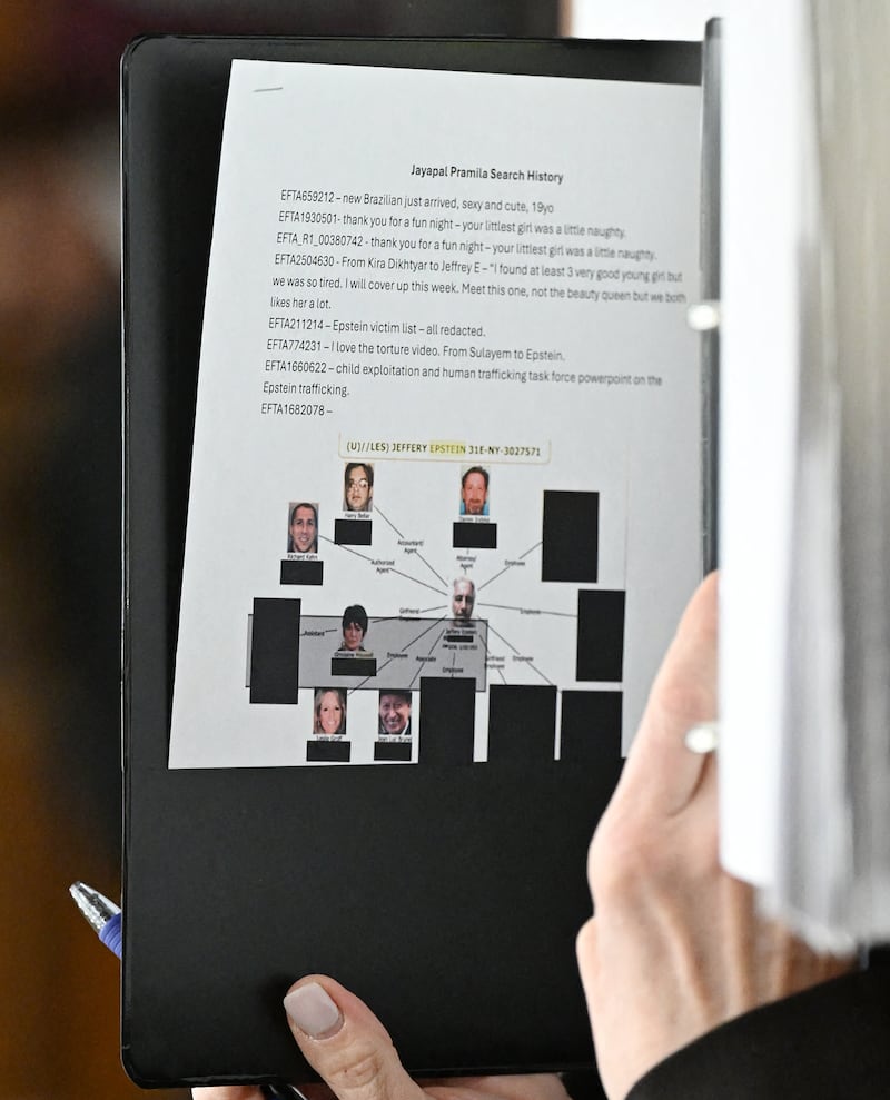 Attorney General Pam Bondi opens a binder with a page entitled "Jayapal Pramila Search History," before testifying before a House Judiciary Committee hearing on "Oversight of the Department of Justice" on Capitol Hill in Washington, D.C., on Feb. 11, 2026.