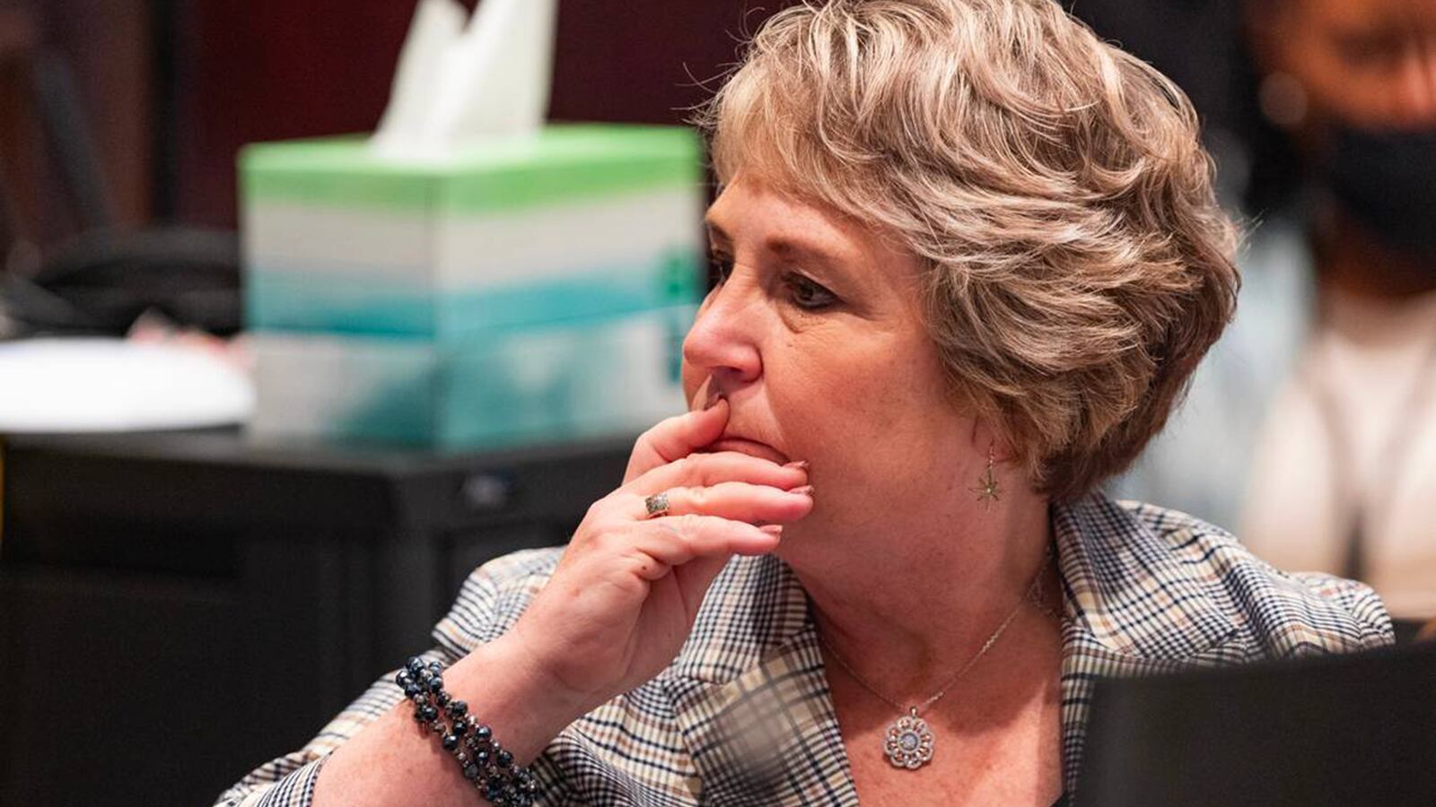 Clerk of Court Becky Hill listens during Alex Murdaugh's murder trial.