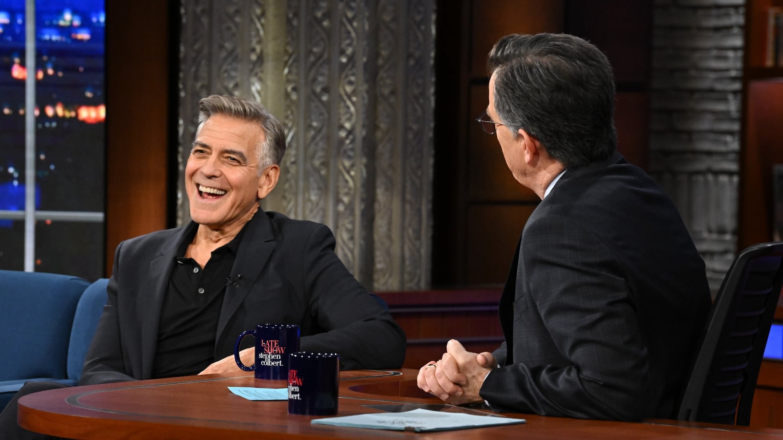 The Late Show with Stephen Colbert and guest George Clooney during Tuesday’s February 18, 2025 show. Photo: Scott Kowalchyk/CBS ©2024 CBS Broadcasting Inc. All Rights Reserved.