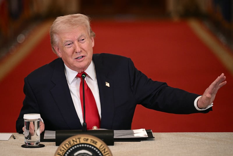 US President Donald Trump speaks during a roundtable to "save college sports" in the East Room of the White House in Washington, DC, on March 6, 2026. (Photo by Brendan SMIALOWSKI / AFP via Getty Images)