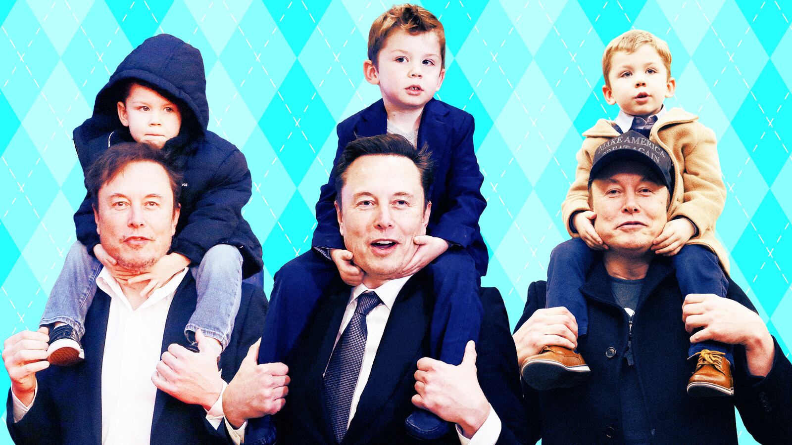 A photo illustration of Tesla and SpaceX CEO Elon Musk, and his son, X Musk.