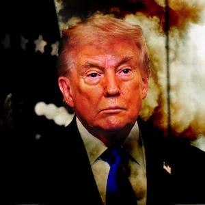 Donald Trump with a thousand yard stare with smoke plumes around him