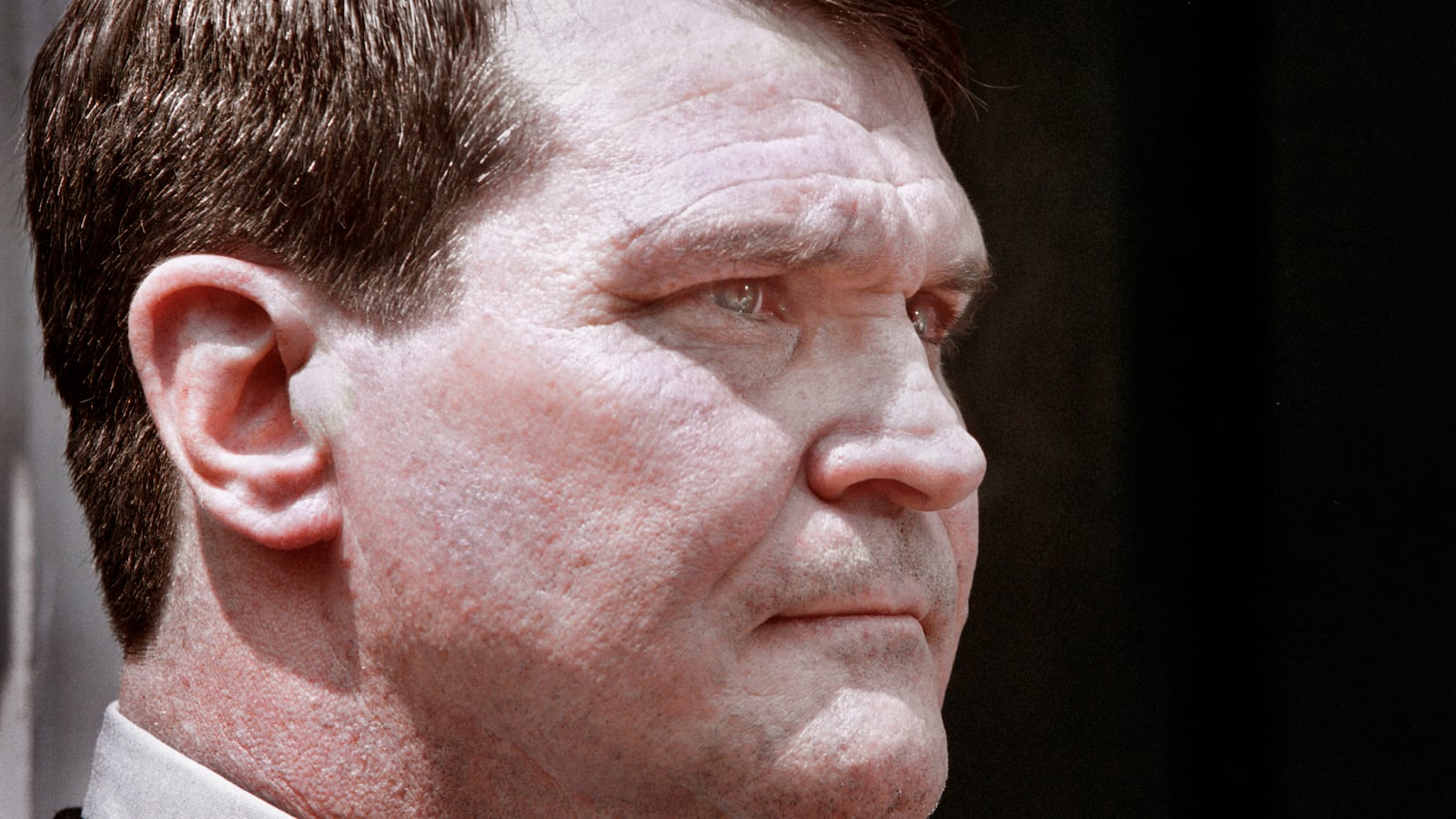 A close-up of former Army Scientist Steven Hatfill speaking to reporters in 2011.