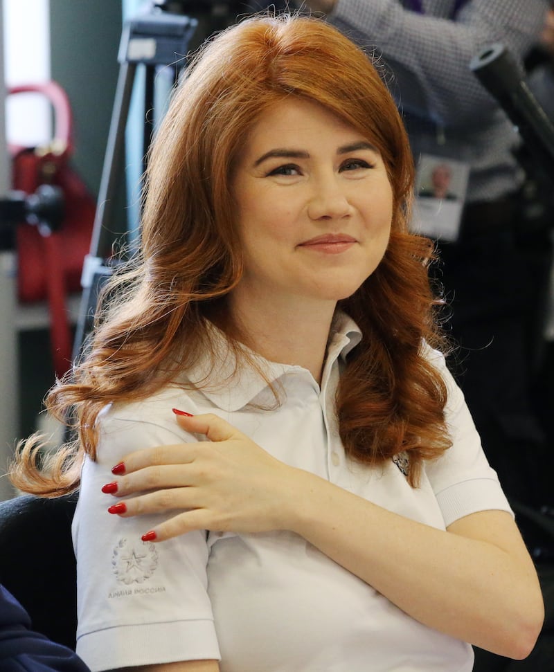 Russian Foreign Intelligence Service SVR RF agent Anna Chapman smiles during the opening of the "Profession is foreigner" Exhibition, dedicated to activity of Soviet spies of the illegal intelligence, June,24,2022, in Moscow, Russia. Anna Chapman was arrested in the United States in 2010 as part of the illegals spy ring.