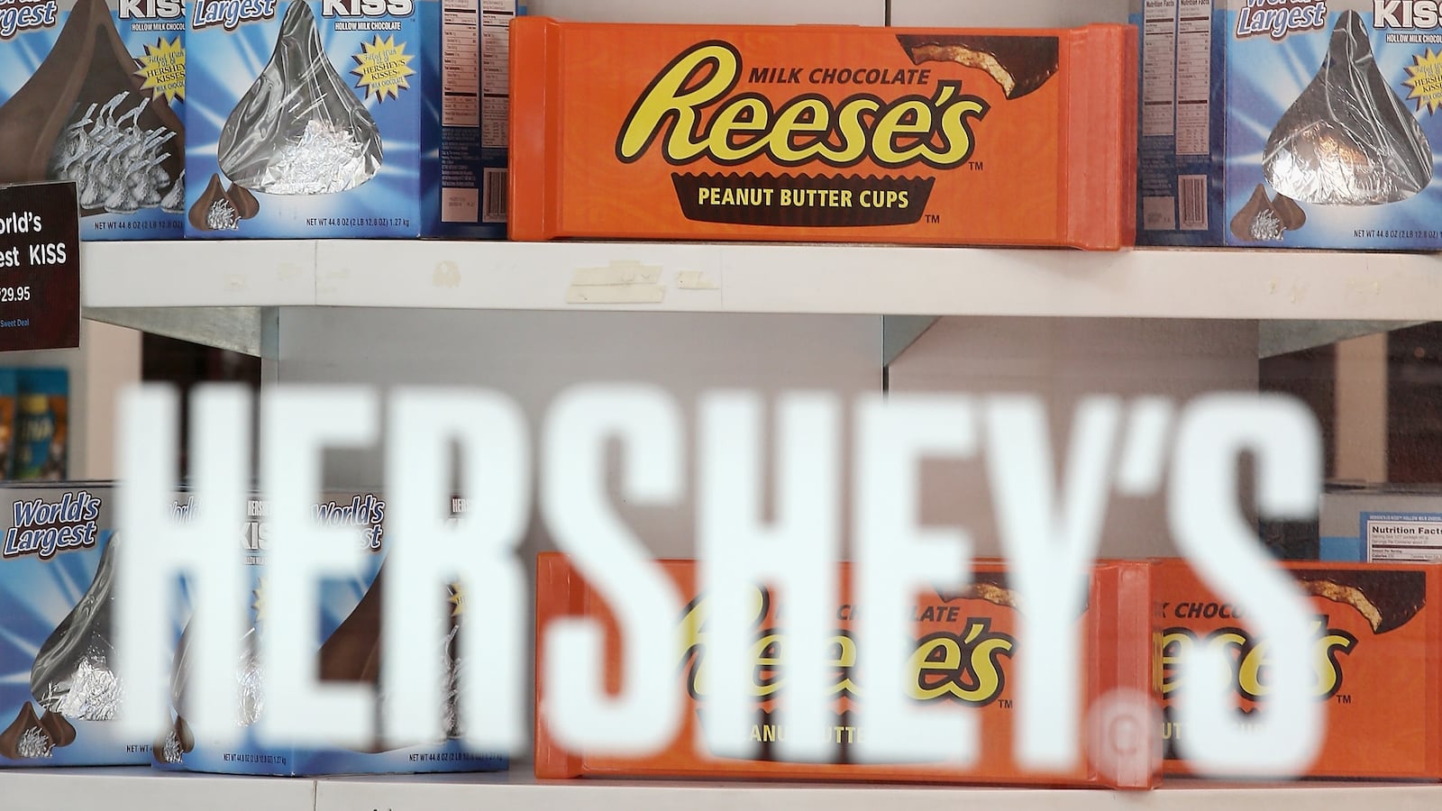 CHICAGO, IL - JULY 16: Hershey's chocolate bars are offered for sale at the Hershey's Chocolate World store on July 16, 2014 in Chicago, Illinois. The store, located along the Magnificent Mile, sells Hershey products, gifts, and souvenirs. Hershey Co., the No.1 candy producer in the U.S., is raising the price of its chocolate by 8 percent due to the rising cost of cocoa. This is the company's fist price increase in three years. (Photo by Scott Olson/Getty Images)