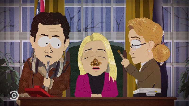 South Park episode showing Pam Bondi with feces on her nose.
