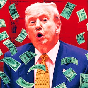 A photo illustration of Donald Trump and stimulus checks and money flying.