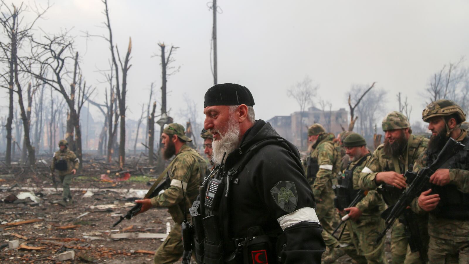Fighters of the Chechen special forces unit, led by Russia’s State Duma member Adam Delimkhanov, in the southern port city of Mariupol, Ukraine, April 21, 2022.