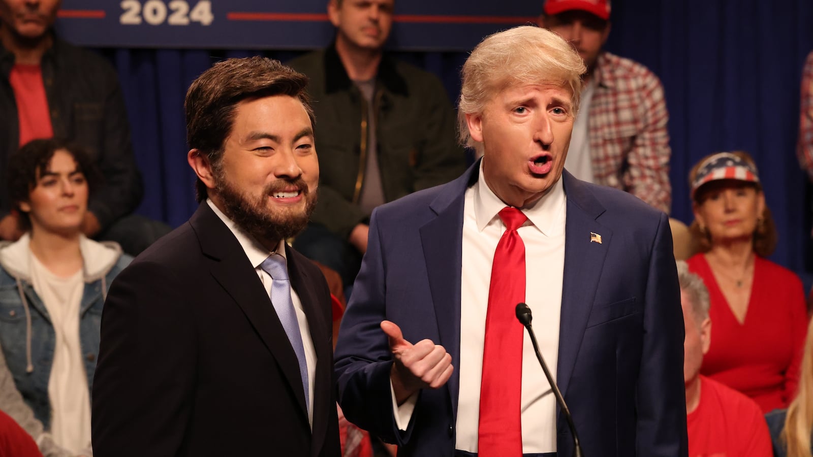 SATURDAY NIGHT LIVE -- Episode 1865 -- Pictured: (l-r) Bowen Yang as JD Vance and James Austin Johnson as Donald Trump during the "Campaign" Cold Open on Saturday, September 28, 2024 -- (Photo by: Will Heath/NBC via Getty Images)