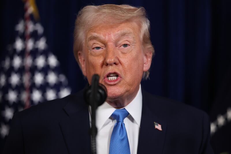 President Donald Trump addresses the media during a news conference at his Mar-a-Lago club on January 03, 2026, in Palm Beach, Florida. President Trump confirmed that the U.S. military carried out a large-scale strike in Caracas overnight, resulting in the capture of Venezuelan leader Nicolas Maduro and his wife, Cilia Flores.