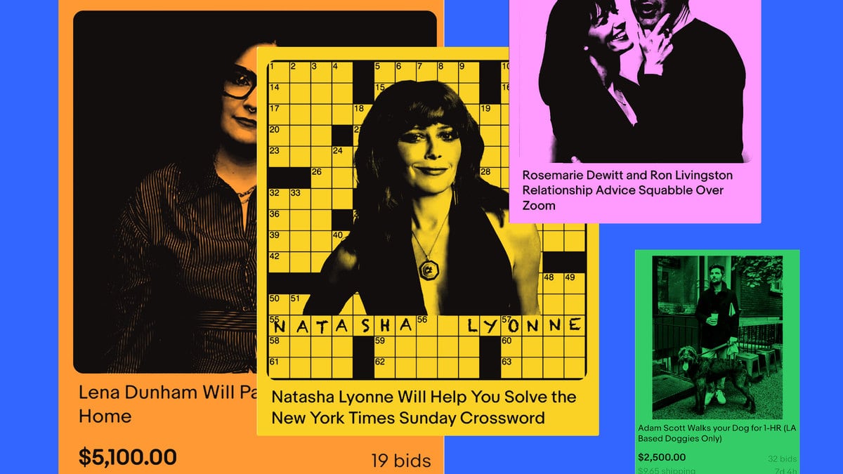 Illustration featuring Lena Dunham, Natasha Lyon, Adam Scott and more, showing the items being auctioned to support crew members and the genius memes that they spawned.