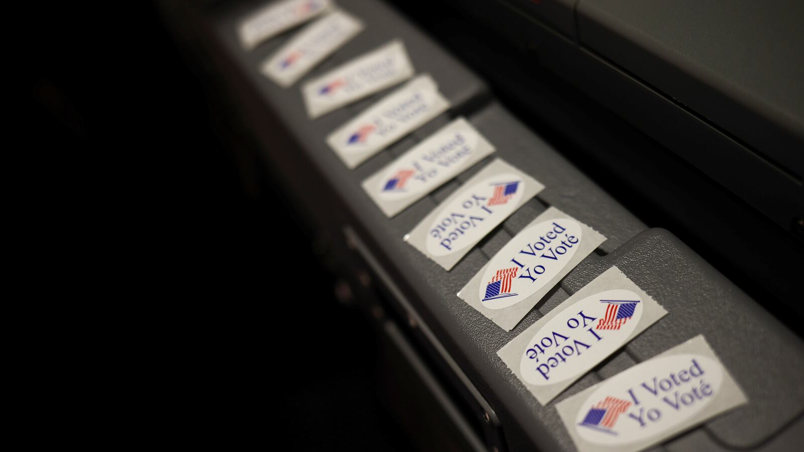 I voted stickers are seen at an early voting station at the Nationals Park in Washington.